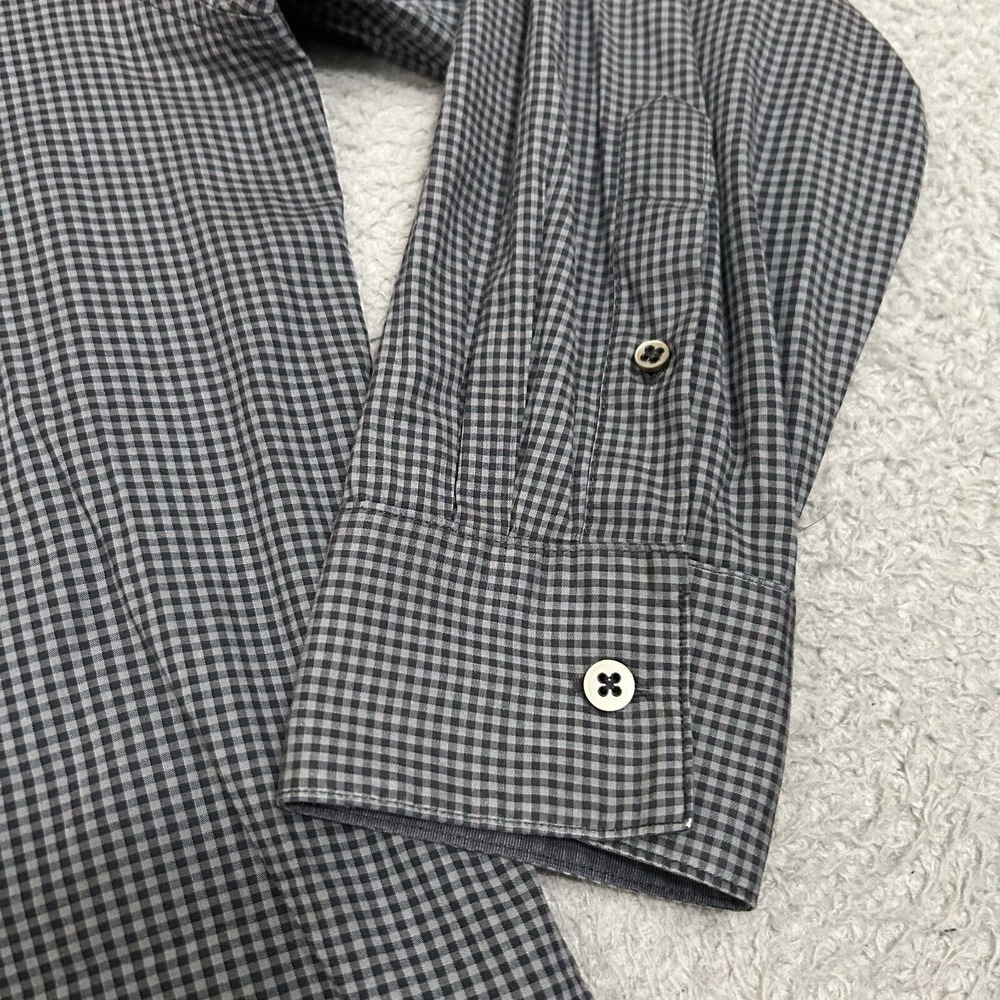 John Varvatos Shirt Mens Medium Gray‎ Black Gingham Plaid Luxe Button Up Adult - Picture 4 of 11